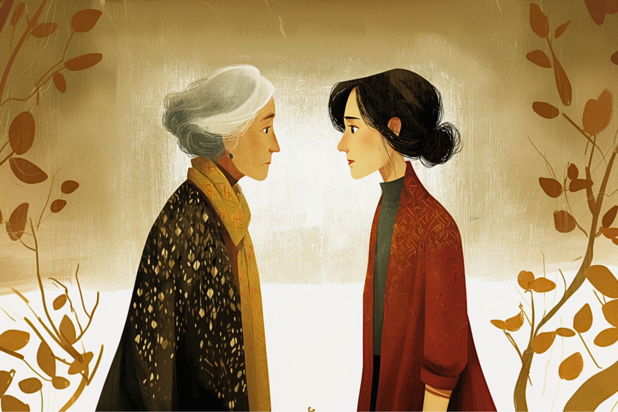 An illustration of an elderly woman with gray hair and a young woman with dark hair standing face-to-face, both wearing patterned shawls, surrounded by golden leaves on a warm, textured background.