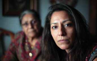 A woman with long dark hair looks seriously at the camera, while an older woman sits blurred in the background. Both wear patterned clothing in a dimly lit room.