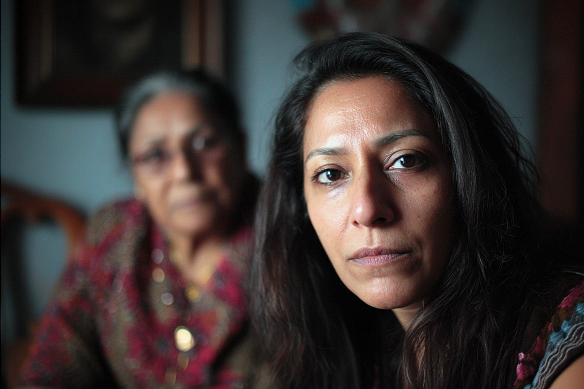 A woman with long dark hair looks seriously at the camera, while an older woman sits blurred in the background. Both wear patterned clothing in a dimly lit room.