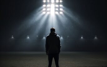 A person stands alone on a dimly lit field at night, facing bright stadium lights that cast dramatic beams and shadows across the scene. The atmosphere is quiet and contemplative.