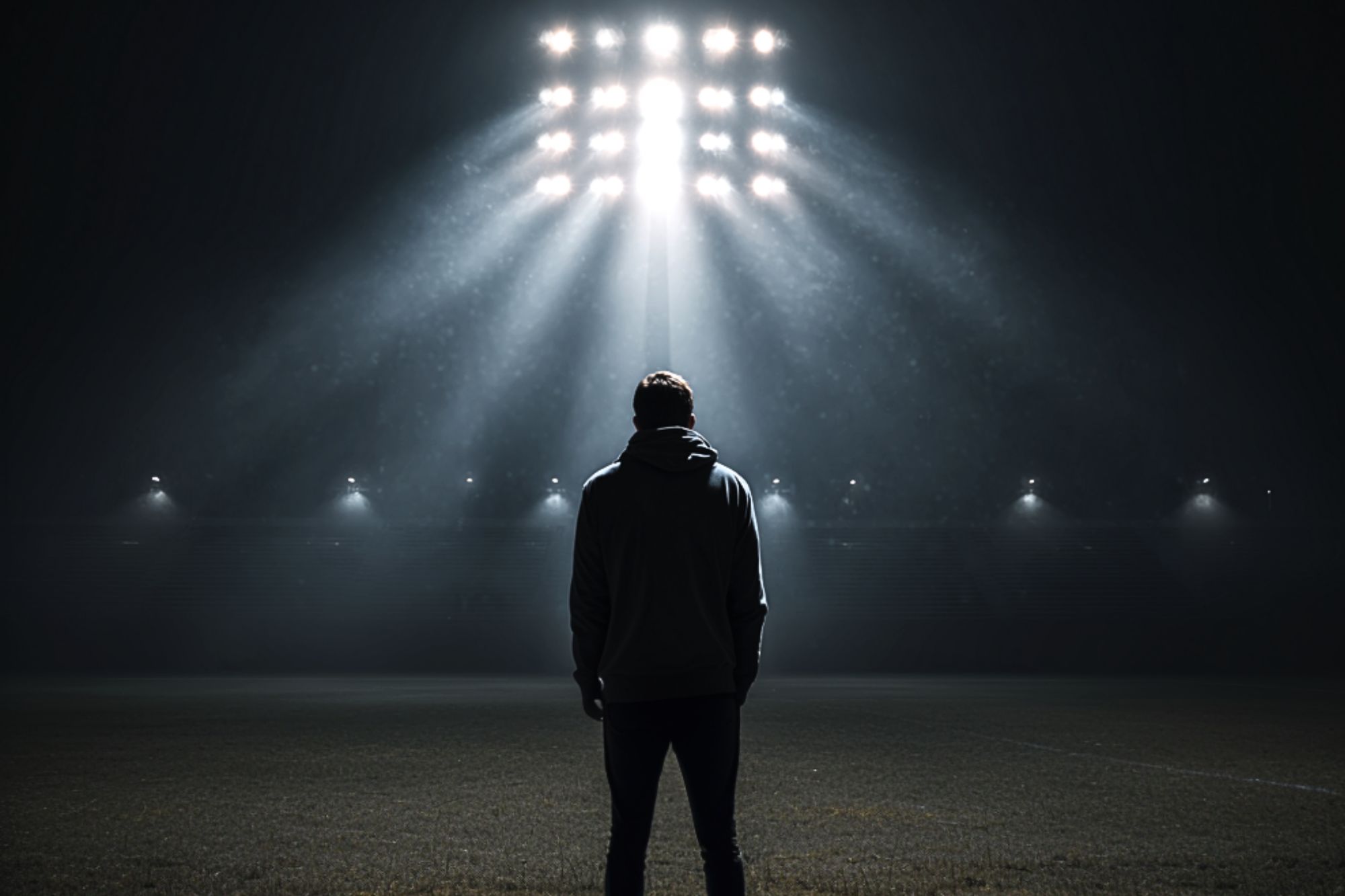 A person stands alone on a dimly lit field at night, facing bright stadium lights that cast dramatic beams and shadows across the scene. The atmosphere is quiet and contemplative.