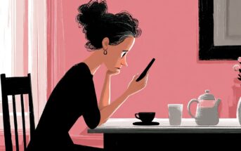 Illustration of a woman with dark hair in a bun, wearing a black dress, sitting at a table and looking intently at her phone. On the table are a teapot, a cup, and a vase, all set against a pink background.