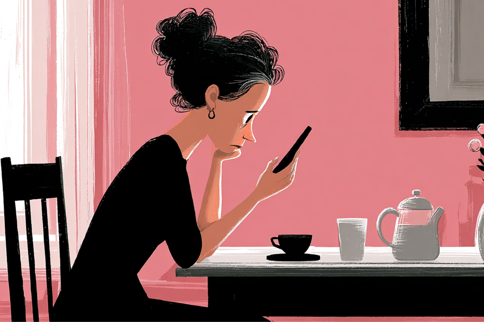 Illustration of a woman with dark hair in a bun, wearing a black dress, sitting at a table and looking intently at her phone. On the table are a teapot, a cup, and a vase, all set against a pink background.