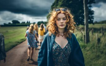 A young woman with curly red hair and a floral dress walks on a country path, wearing sunglasses on her head and a blue cardigan. Several other people walk behind her; the sky is overcast.