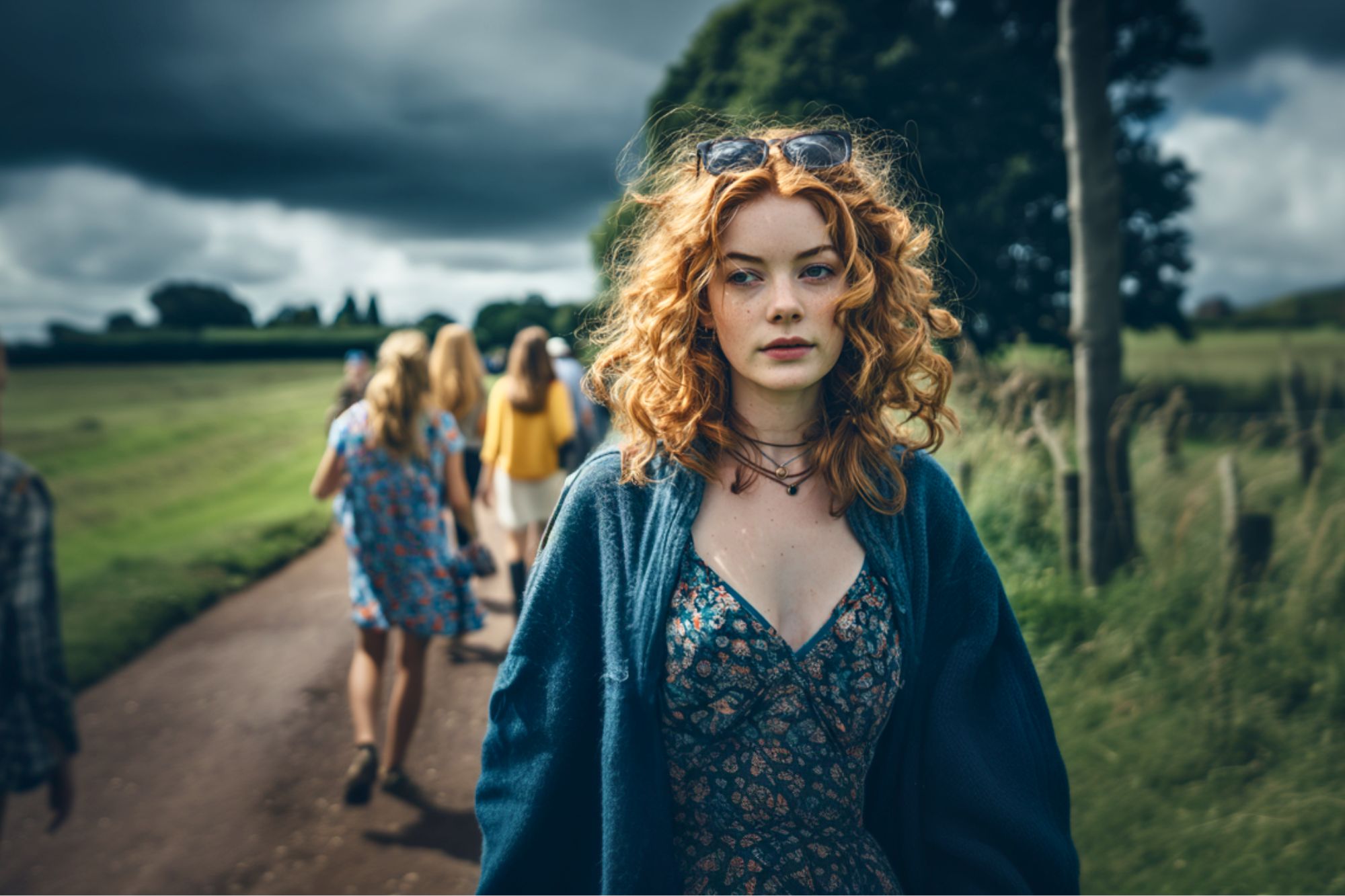 A young woman with curly red hair and a floral dress walks on a country path, wearing sunglasses on her head and a blue cardigan. Several other people walk behind her; the sky is overcast.