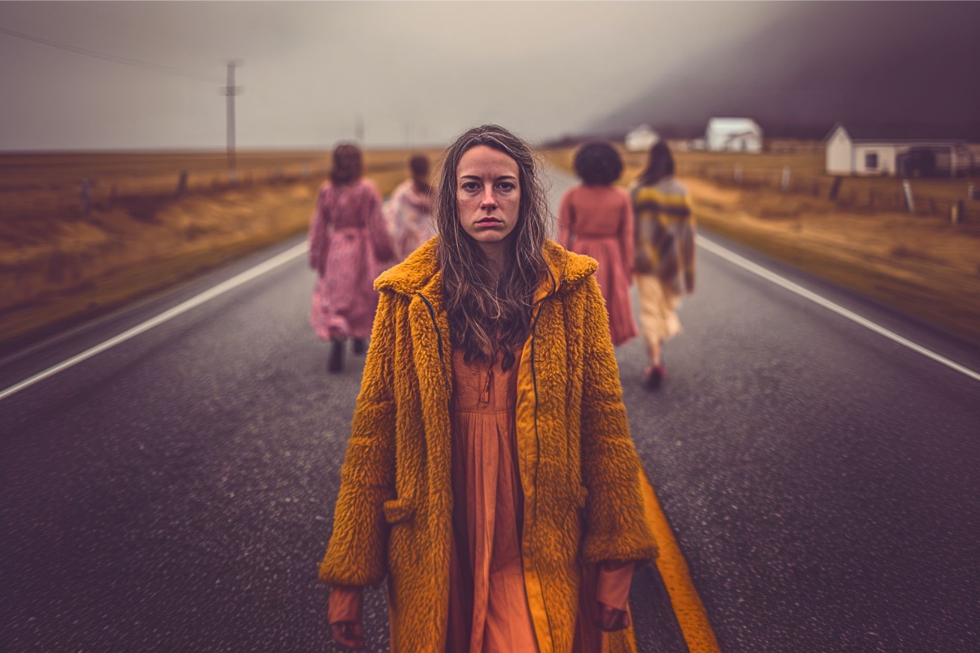 A young woman in an orange coat stands on a rural road, looking at the camera, while four other women in dresses walk away from her toward distant houses under a cloudy, moody sky.