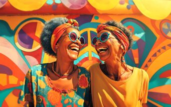 Two older women with gray hair, colorful headbands, and sunglasses laugh together in front of a vibrant, abstract mural with vivid orange, yellow, blue, and pink patterns.