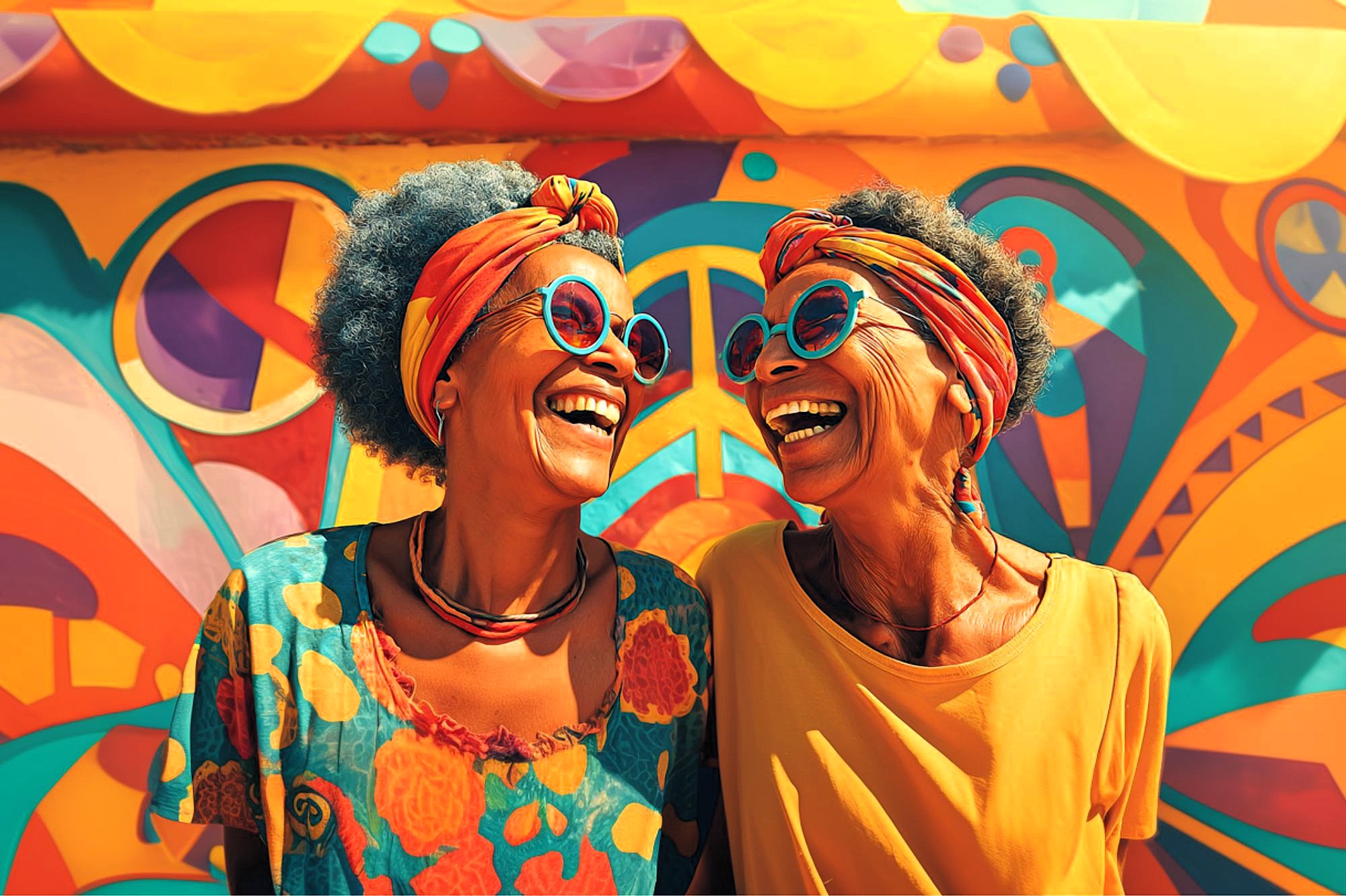 Two older women with gray hair, colorful headbands, and sunglasses laugh together in front of a vibrant, abstract mural with vivid orange, yellow, blue, and pink patterns.