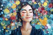 A painting of a serene woman with closed eyes, surrounded by colorful swirling circles in the background, evoking a sense of peace, creativity, and contemplation. The artwork uses vibrant, textured brushstrokes.