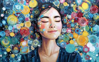 A painting of a serene woman with closed eyes, surrounded by colorful swirling circles in the background, evoking a sense of peace, creativity, and contemplation. The artwork uses vibrant, textured brushstrokes.