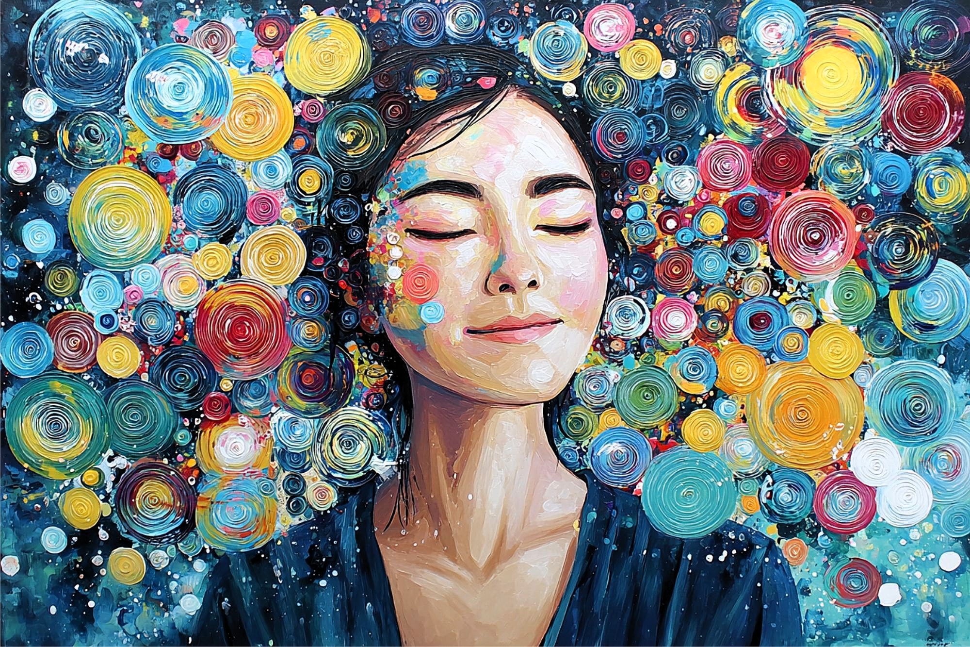 A painting of a serene woman with closed eyes, surrounded by colorful swirling circles in the background, evoking a sense of peace, creativity, and contemplation. The artwork uses vibrant, textured brushstrokes.