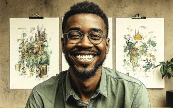 A smiling man with glasses and a short beard sits in front of a wall displaying three colorful, artistic prints. He wears a green shirt, and a small potted plant is visible to his right.