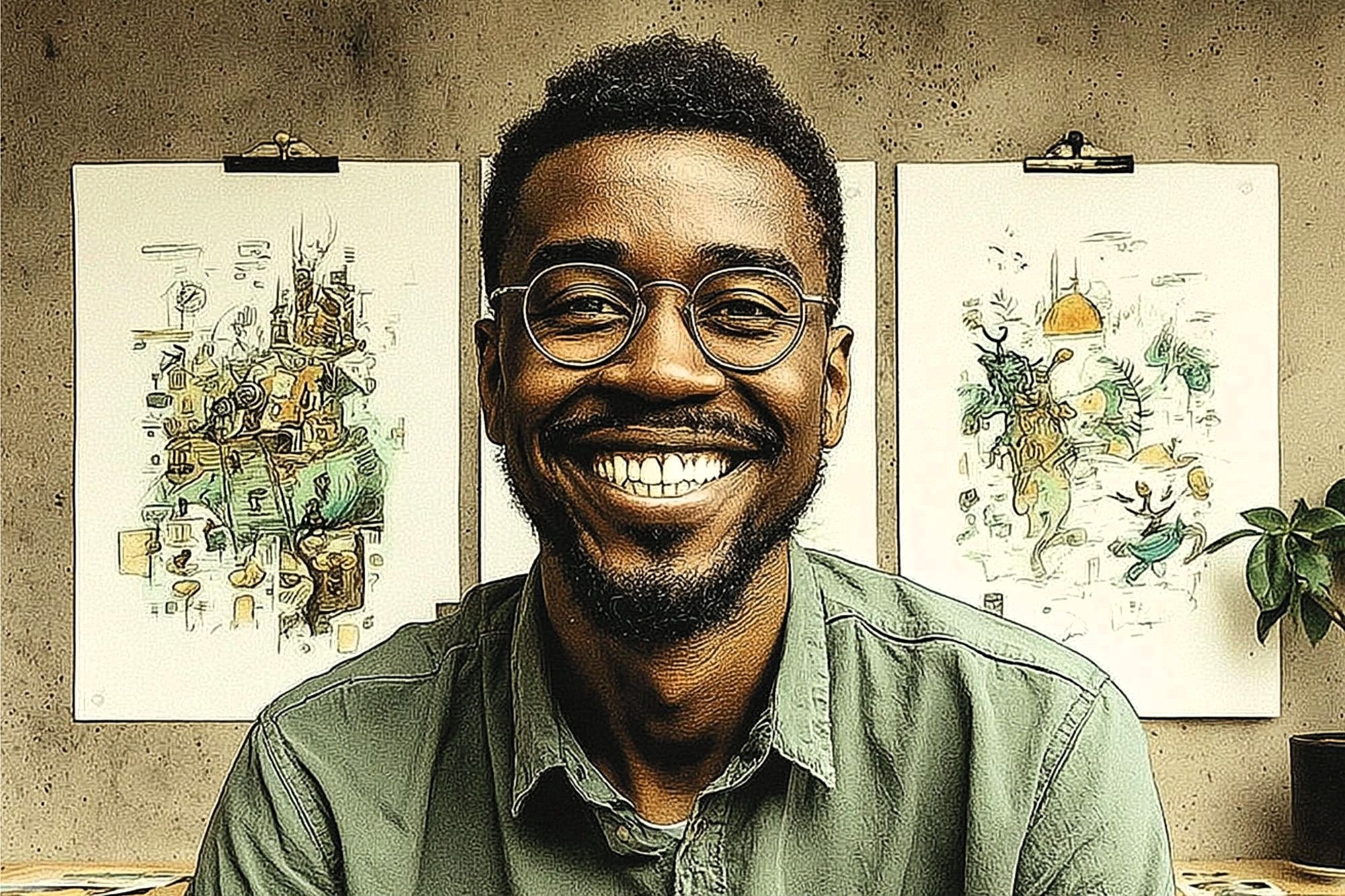 A smiling man with glasses and a short beard sits in front of a wall displaying three colorful, artistic prints. He wears a green shirt, and a small potted plant is visible to his right.
