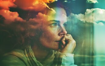 A thoughtful woman rests her chin on her hand, gazing out a window. Her face is overlaid with vibrant clouds, creating a dreamy, introspective atmosphere.