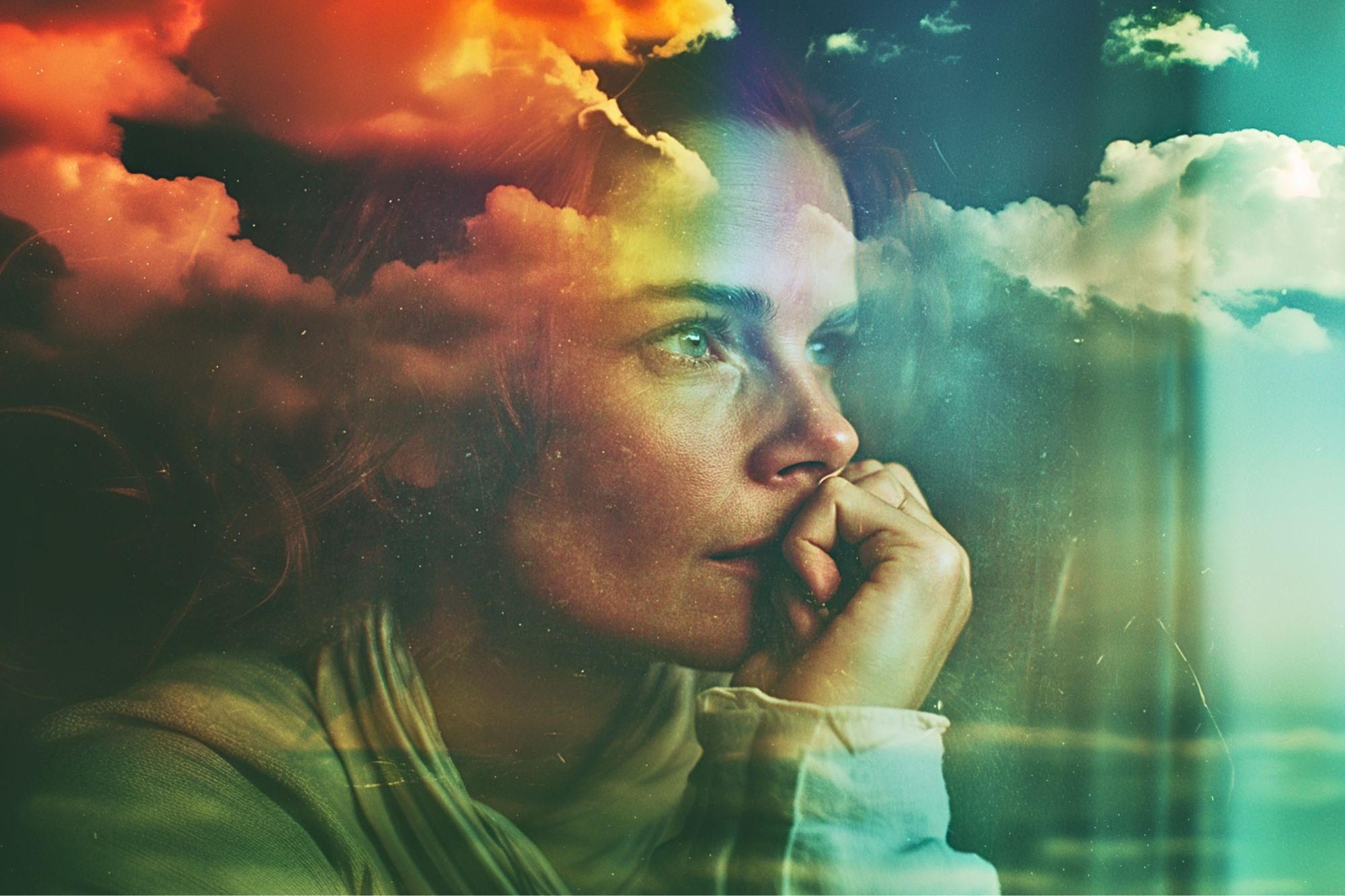 A thoughtful woman rests her chin on her hand, gazing out a window. Her face is overlaid with vibrant clouds, creating a dreamy, introspective atmosphere.