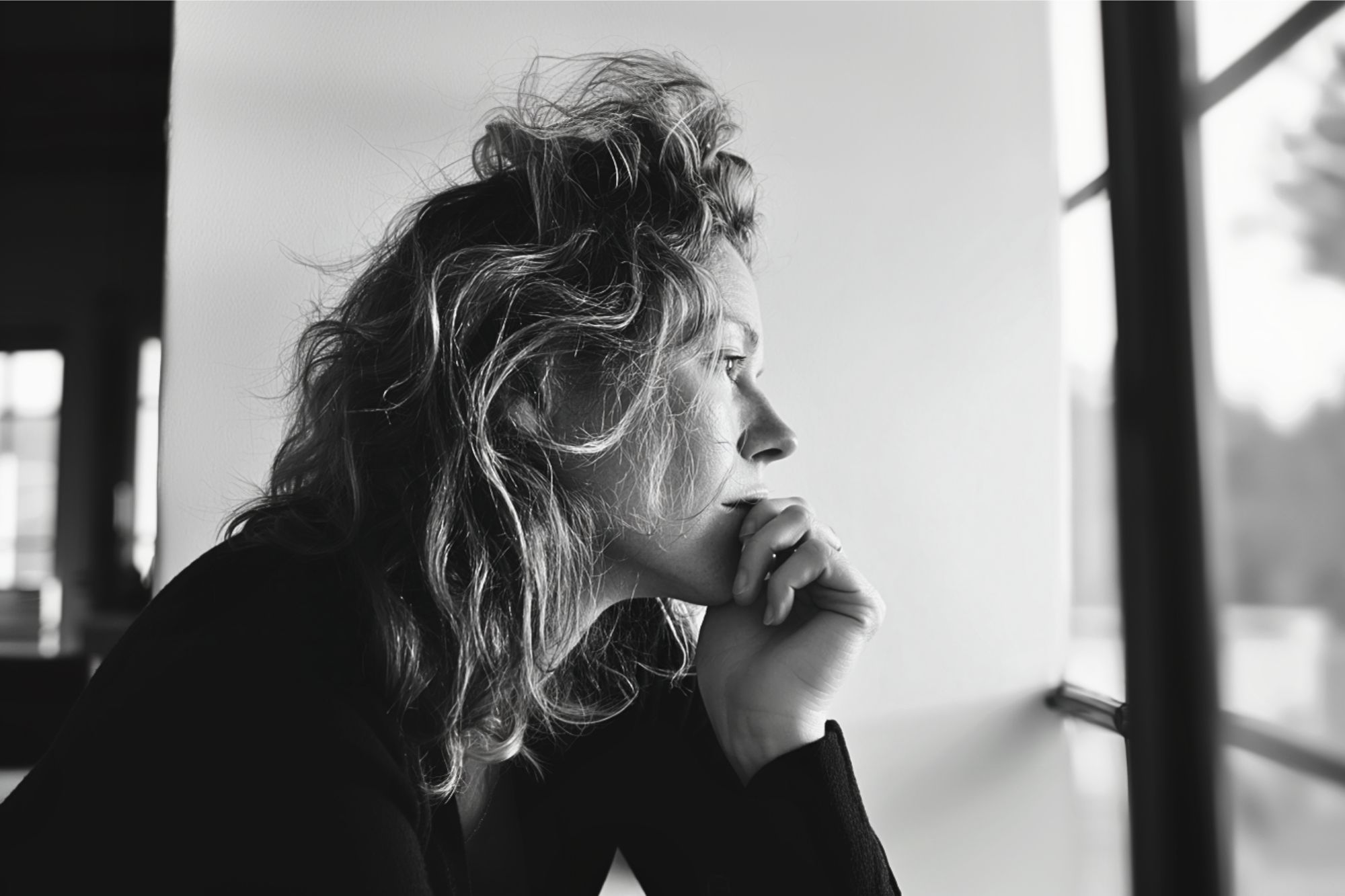 A woman with wavy hair sits indoors, resting her chin on her hand, and looks thoughtfully out of a window. The image is in black and white, creating a contemplative mood.