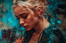 A woman with blonde hair and loose curls looks down pensively, surrounded by a vibrant, artistic blue and teal abstract background, creating a dreamy, painterly effect.