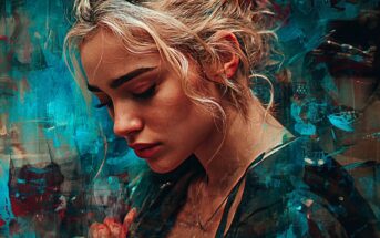 A woman with blonde hair and loose curls looks down pensively, surrounded by a vibrant, artistic blue and teal abstract background, creating a dreamy, painterly effect.
