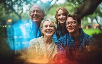 Four people, two older adults and two younger adults, smile together outdoors in a park-like setting. Trees and greenery are in the background, with colorful light flares in the foreground.