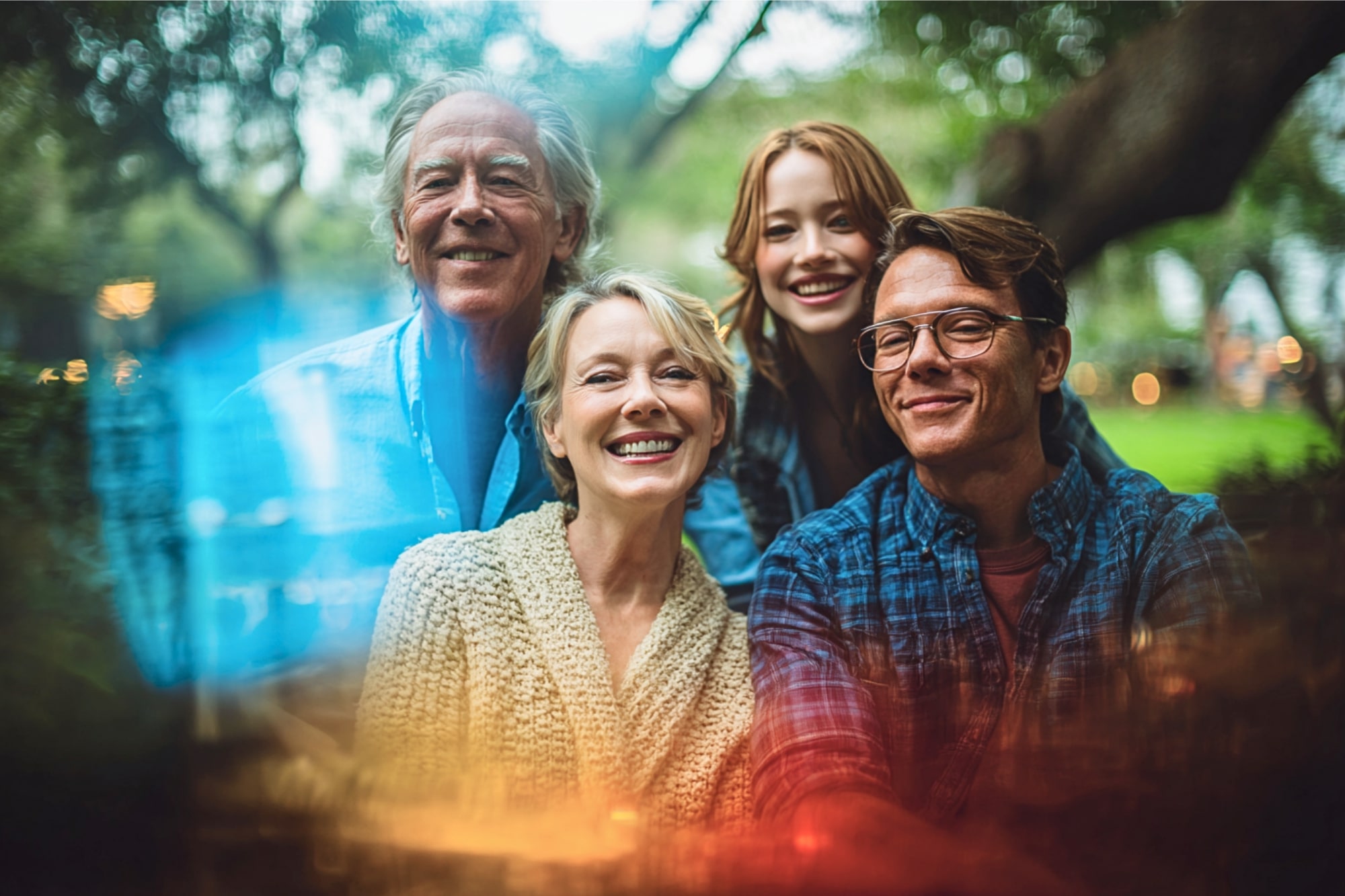 Four people, two older adults and two younger adults, smile together outdoors in a park-like setting. Trees and greenery are in the background, with colorful light flares in the foreground.
