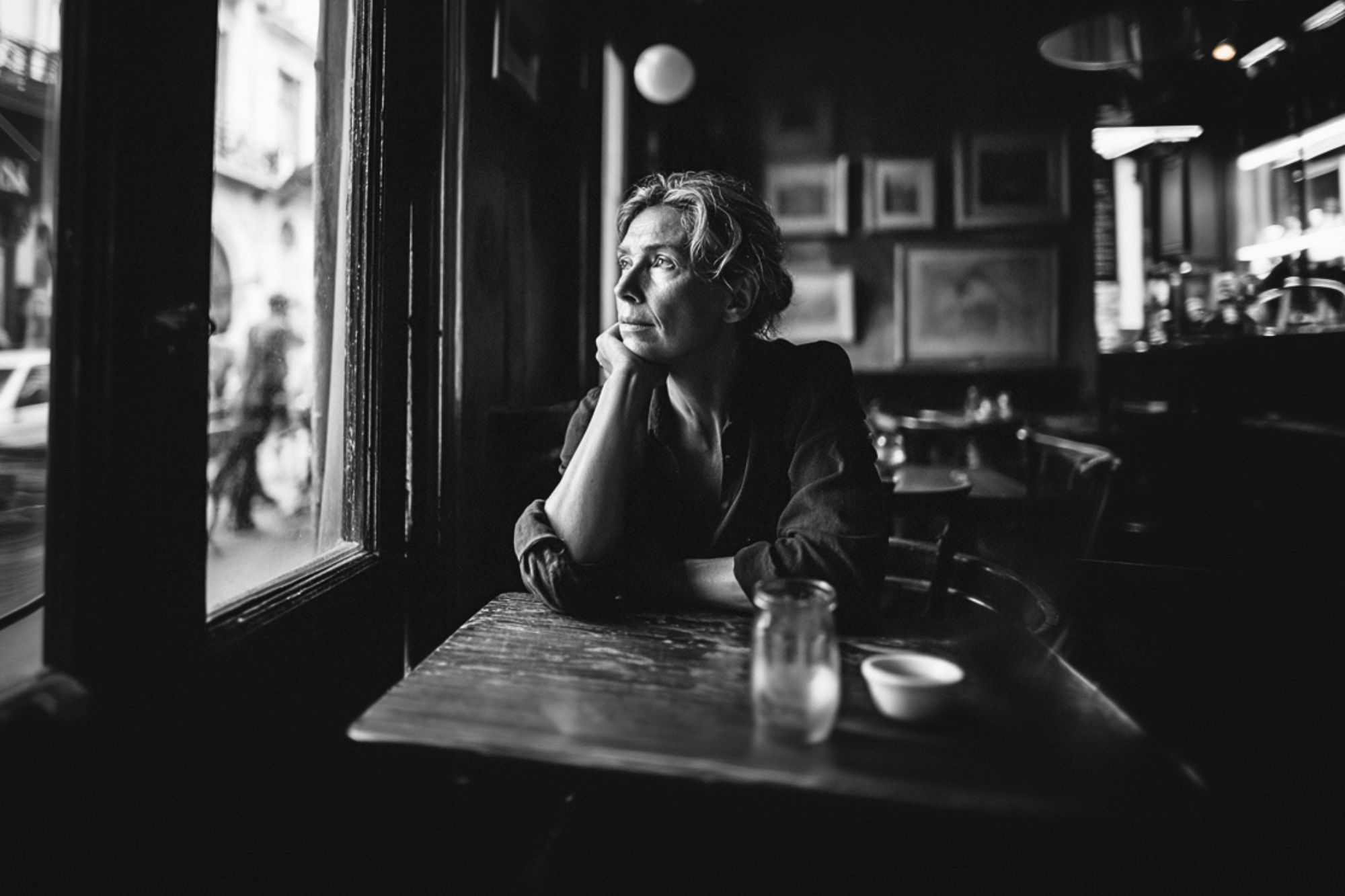 A woman sits alone at a table in a dimly lit café, gazing thoughtfully out the window. The scene is in black and white, evoking a contemplative or nostalgic mood.