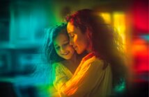 A woman gently hugs a smiling young girl, both bathed in soft, colorful light with warm and cool tones blending around them, creating a tender and joyful atmosphere.