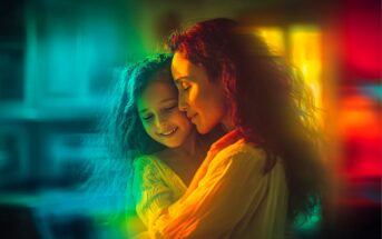A woman gently hugs a smiling young girl, both bathed in soft, colorful light with warm and cool tones blending around them, creating a tender and joyful atmosphere.