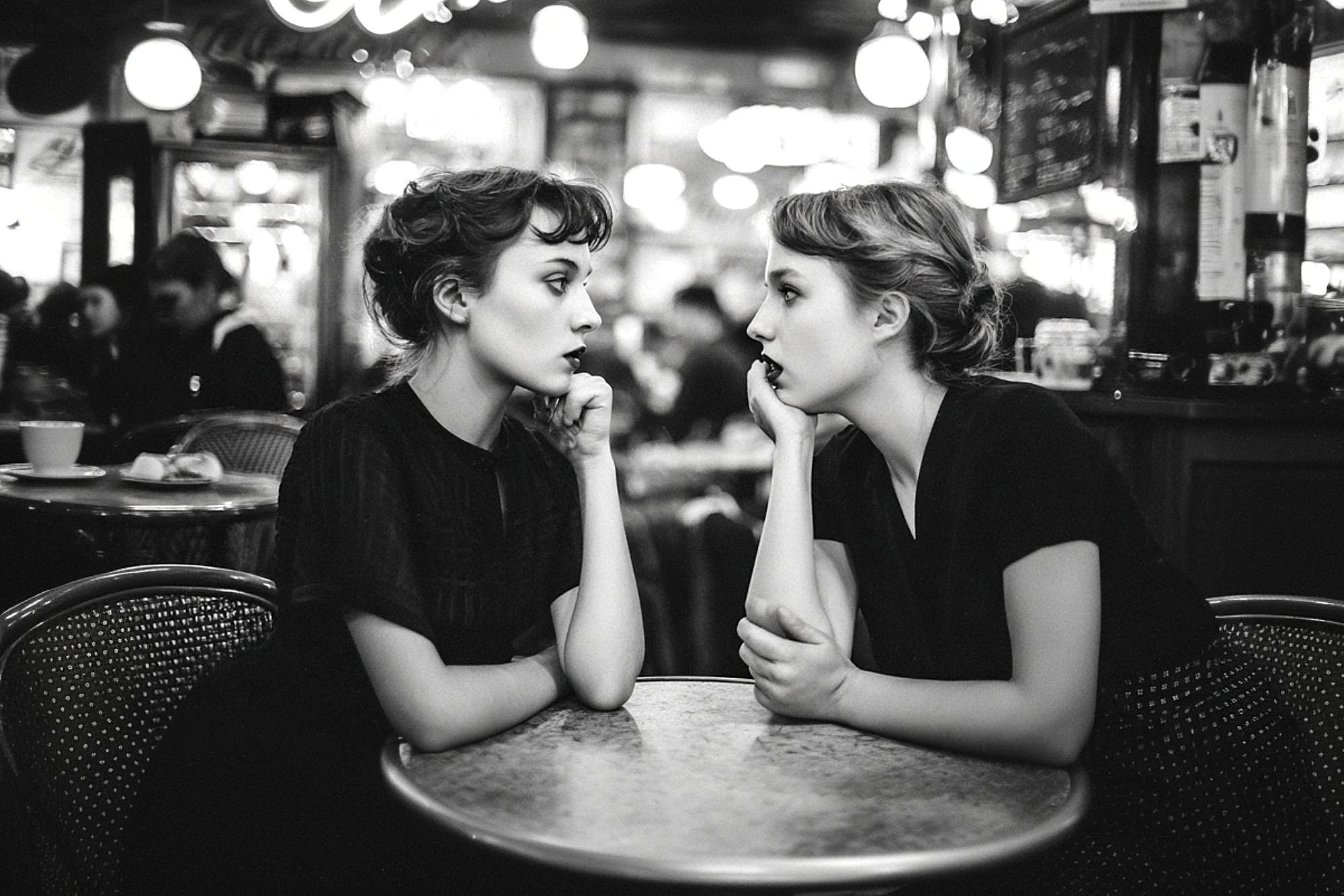 Two young women sit across from each other at a round café table, gazing intently at each other in a busy, softly lit café. The image is in black and white, creating a nostalgic, vintage atmosphere.