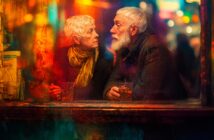 An elderly woman and man sit at a dimly lit bar, facing each other with serious expressions. Colorful, blurred lights reflect off the window, creating a warm, vibrant atmosphere. Both have drinks in front of them.