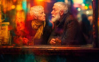An elderly woman and man sit at a dimly lit bar, facing each other with serious expressions. Colorful, blurred lights reflect off the window, creating a warm, vibrant atmosphere. Both have drinks in front of them.