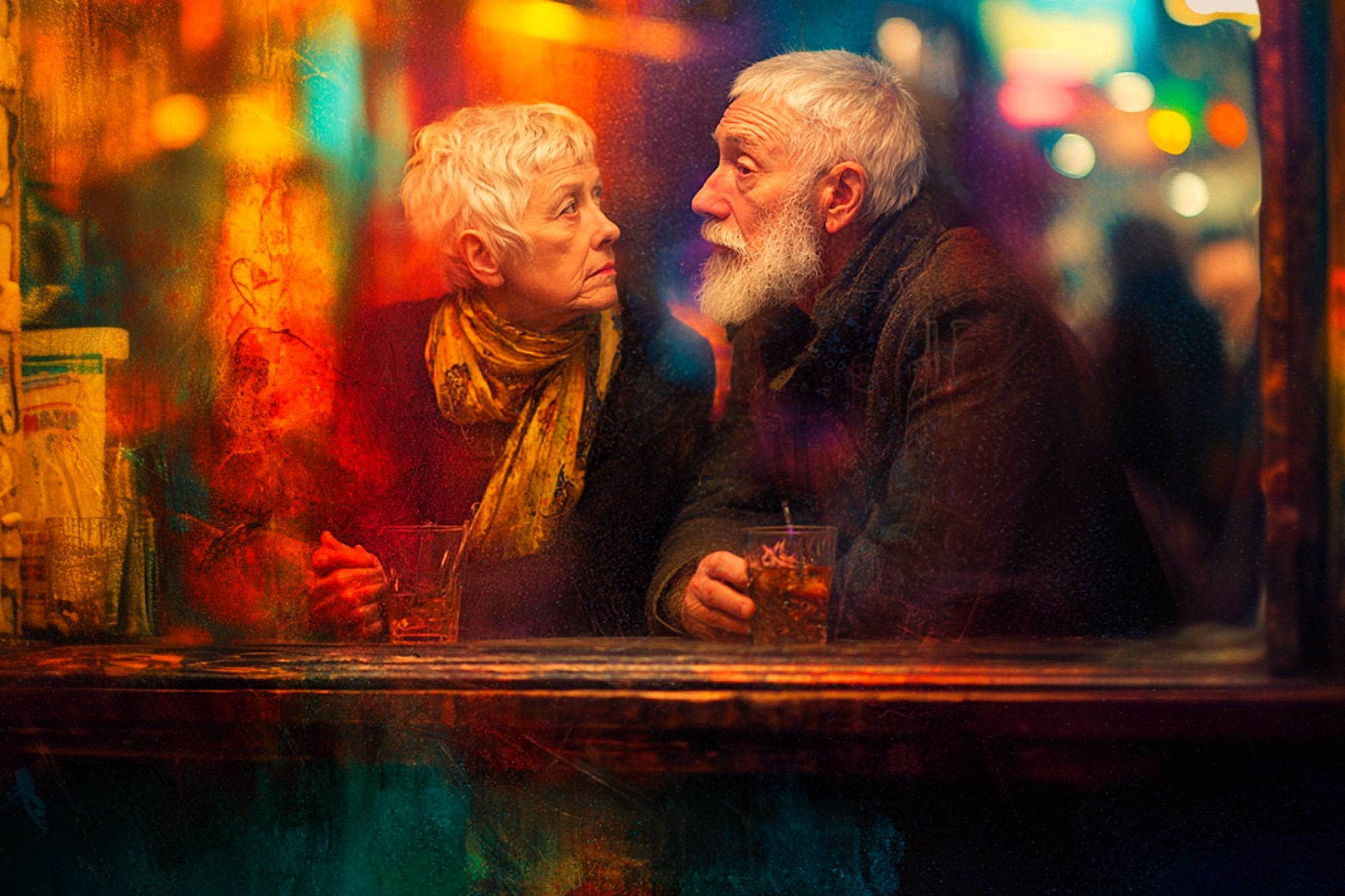 An elderly woman and man sit at a dimly lit bar, facing each other with serious expressions. Colorful, blurred lights reflect off the window, creating a warm, vibrant atmosphere. Both have drinks in front of them.