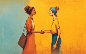 Two women are smiling and shaking hands against a background divided into blue and yellow tones. One woman wears a red outfit with a bag, while the other wears yellow and has her hair tied up.