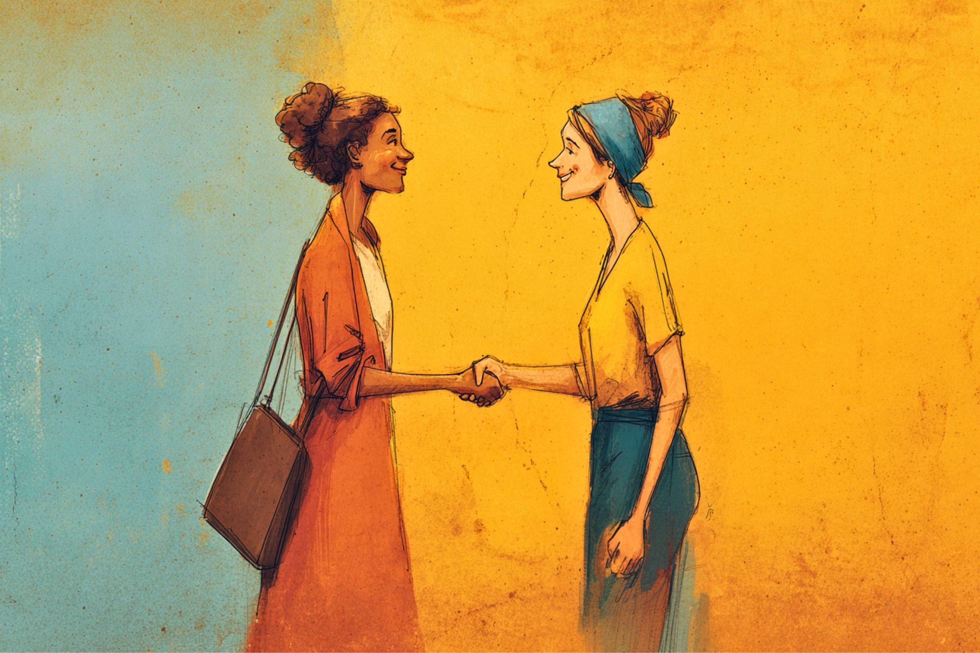 Two women are smiling and shaking hands against a background divided into blue and yellow tones. One woman wears a red outfit with a bag, while the other wears yellow and has her hair tied up.