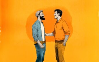 Illustration of two men smiling and talking, one wearing a hat and jacket, the other in an orange shirt and pants, set against an orange background.