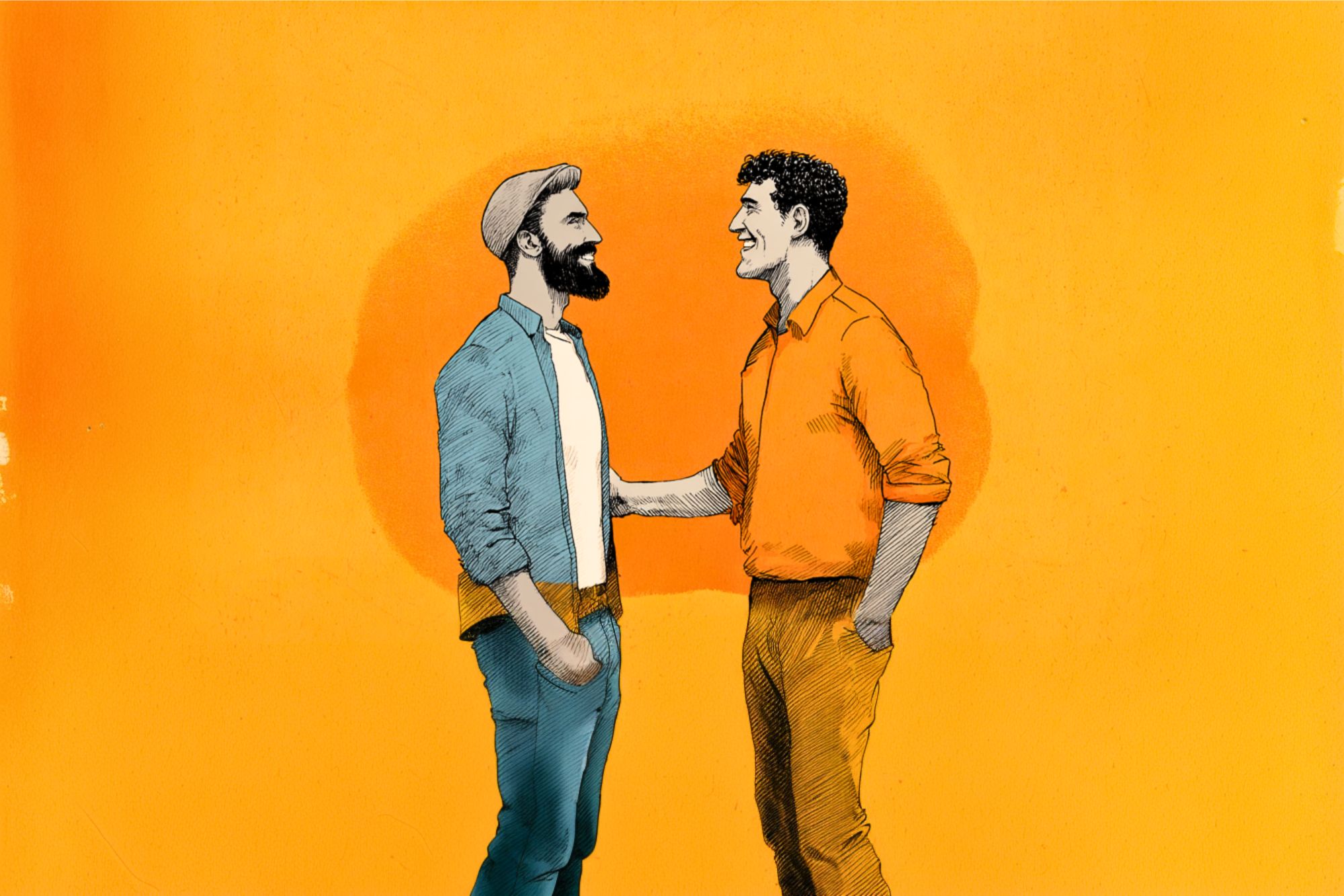 Illustration of two men smiling and talking, one wearing a hat and jacket, the other in an orange shirt and pants, set against an orange background.