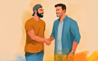 Two men smiling and shaking hands; one wears a hat and t-shirt, the other wears a button-down shirt and watch. The background is a warm, light color with painterly textures.