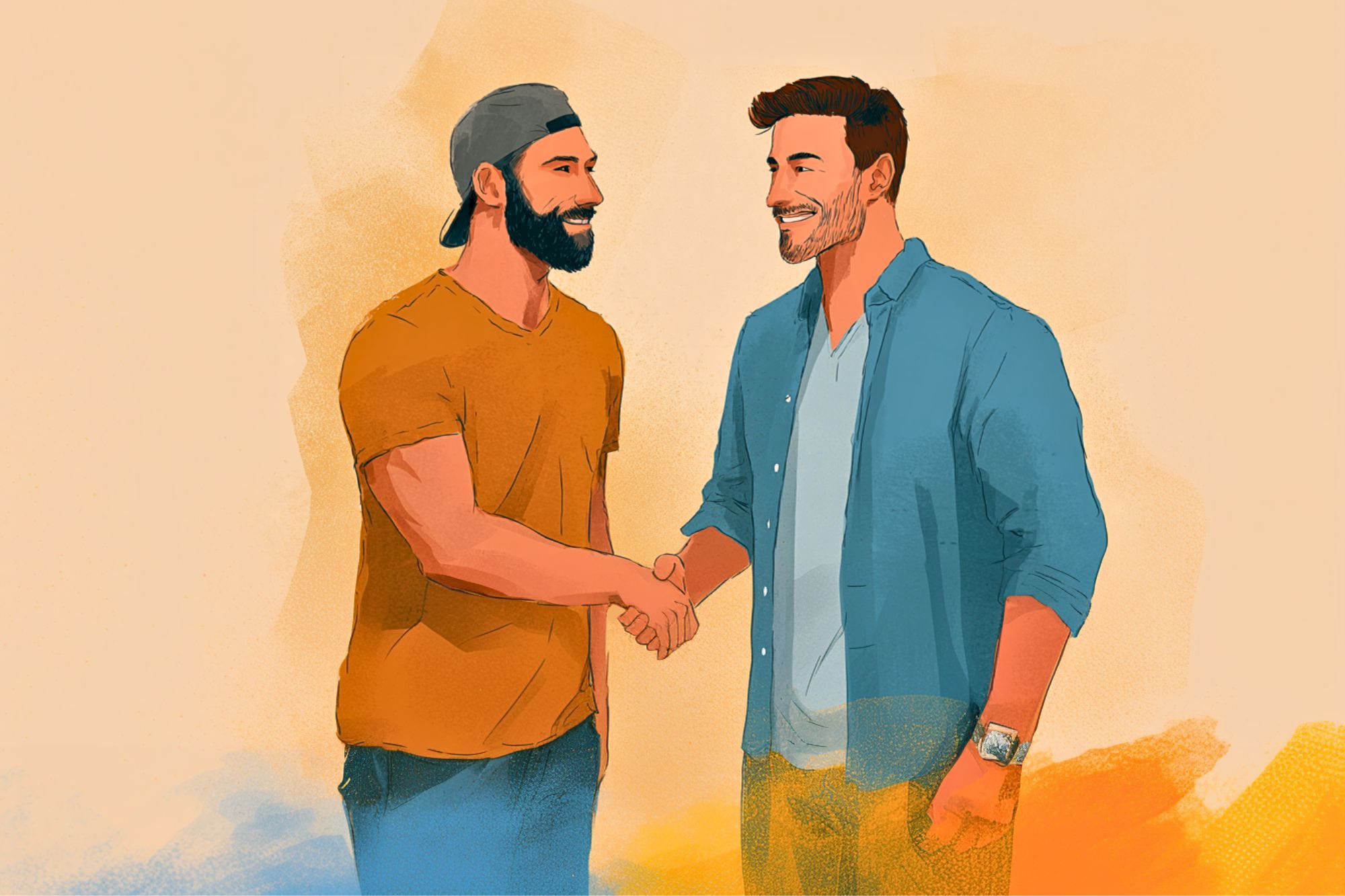 Two men smiling and shaking hands; one wears a hat and t-shirt, the other wears a button-down shirt and watch. The background is a warm, light color with painterly textures.
