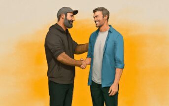 Two men smiling as they shake hands against a yellow background.