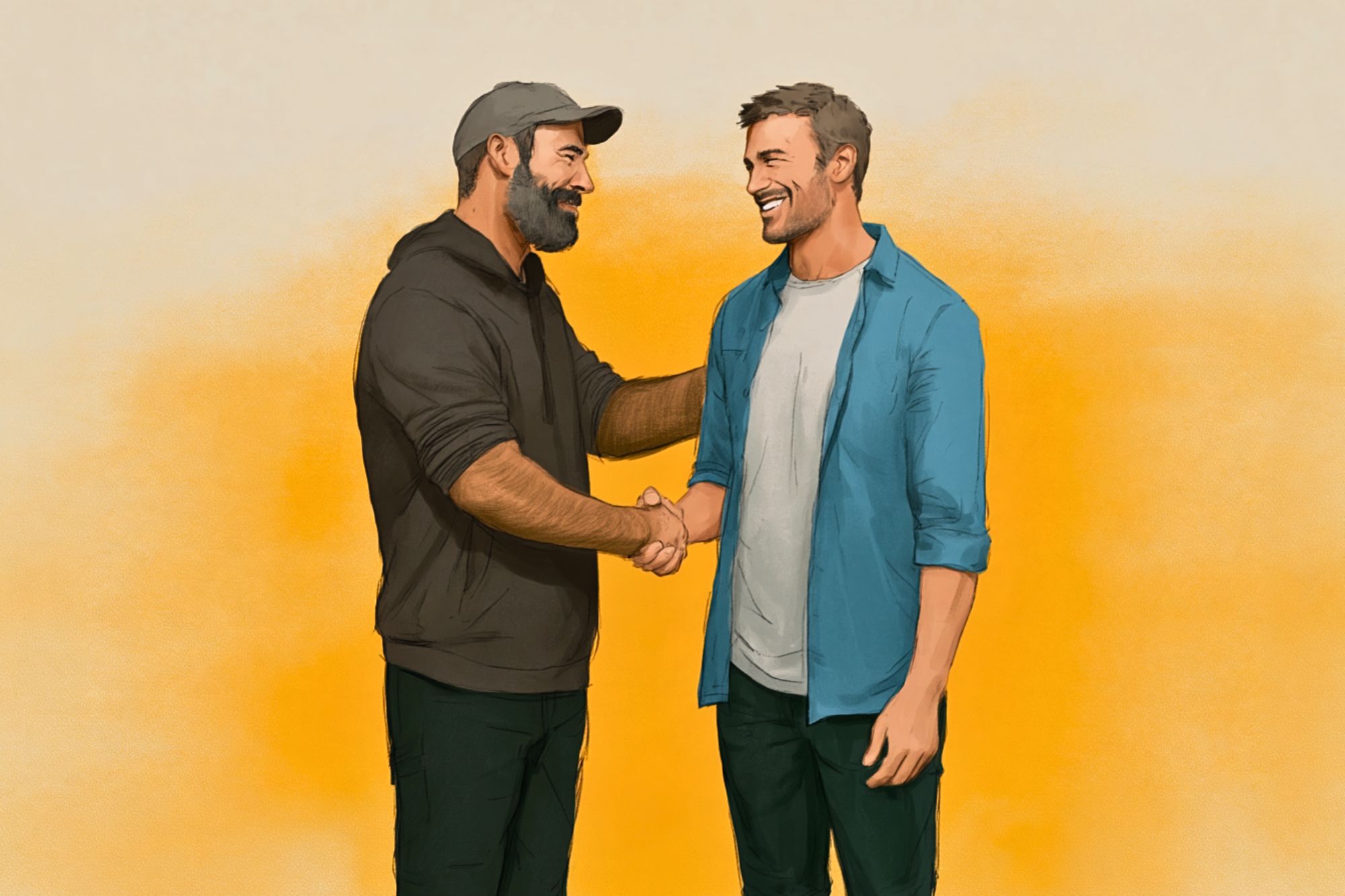 Two men smiling as they shake hands against a yellow background.
