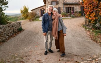 An older couple stands arm in arm, smiling on a gravel driveway in front of a rustic stone house surrounded by autumn trees and plants.