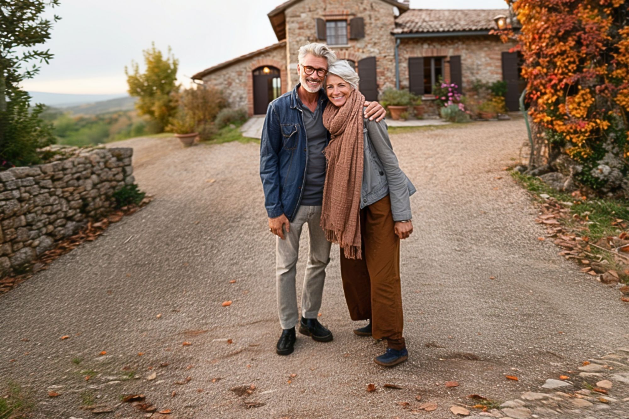 An older couple stands arm in arm, smiling on a gravel driveway in front of a rustic stone house surrounded by autumn trees and plants.