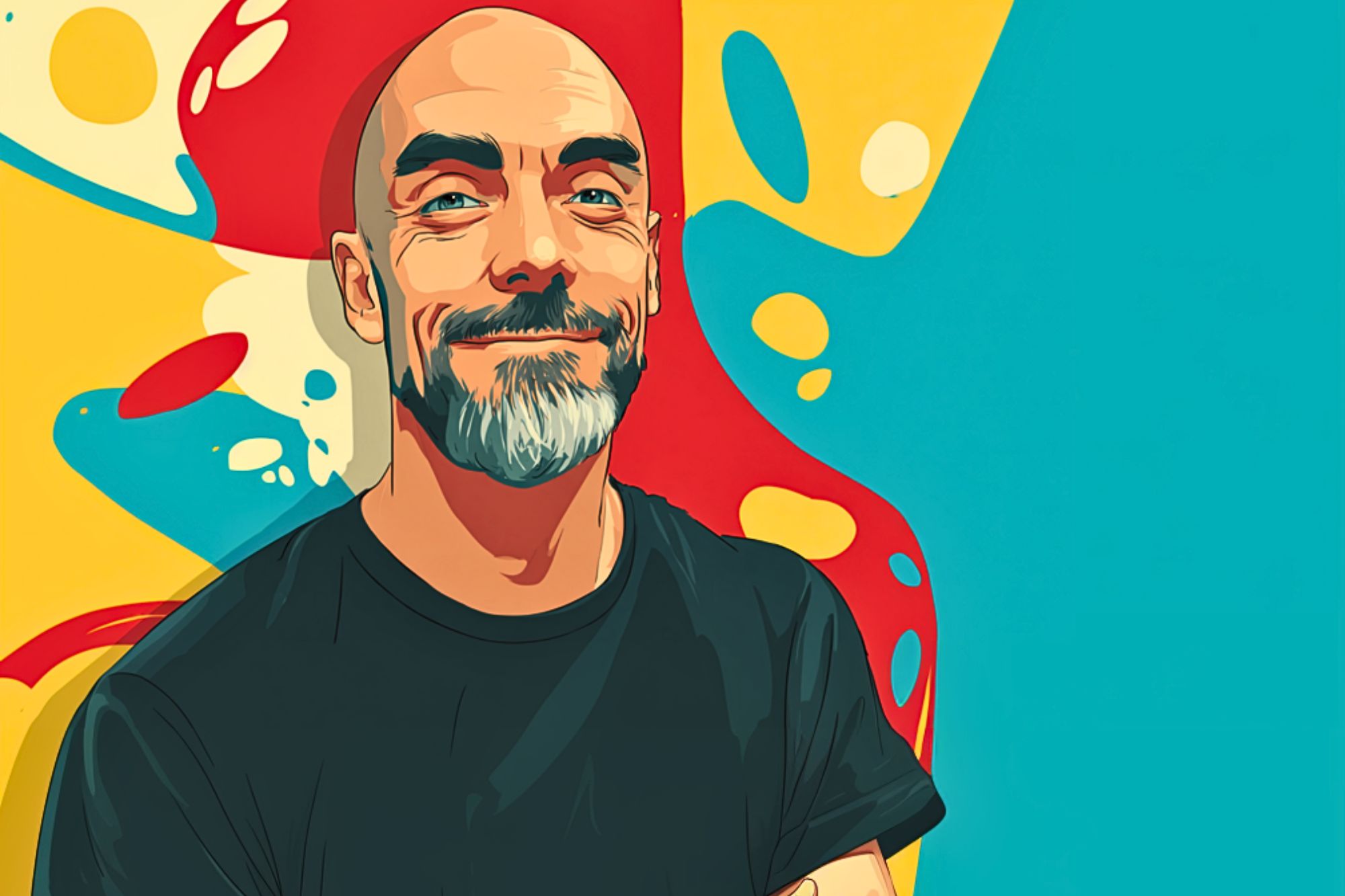 A smiling, bald man with a beard and mustache wears a black t-shirt, standing against a colorful, abstract background with blue, yellow, and red shapes.