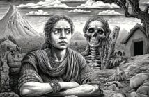 A grayscale illustration shows a worried woman in traditional clothes sitting with her arms crossed, as a skeleton looms behind her. The background includes a mountain, trees, and a small house, giving a rural, tense atmosphere.