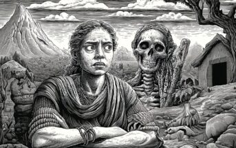 A grayscale illustration shows a worried woman in traditional clothes sitting with her arms crossed, as a skeleton looms behind her. The background includes a mountain, trees, and a small house, giving a rural, tense atmosphere.