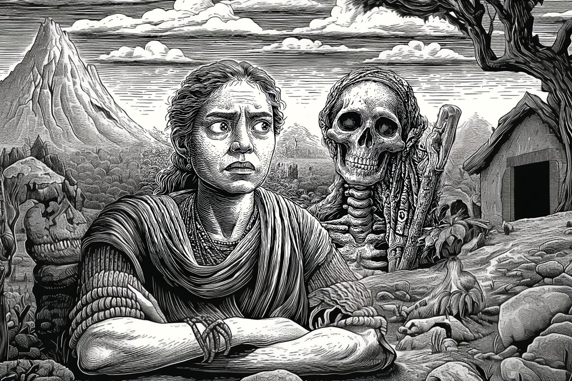 A grayscale illustration shows a worried woman in traditional clothes sitting with her arms crossed, as a skeleton looms behind her. The background includes a mountain, trees, and a small house, giving a rural, tense atmosphere.