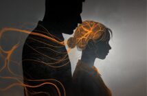 A dark silhouette of a man stands behind a woman drawn in profile, with glowing orange lines swirling around them and branching through the woman's head, suggesting thoughts or connections. The background is textured gray.