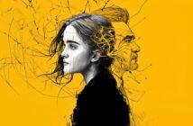 A stylized digital artwork of a woman in profile, with a sketch-like overlay of a man’s face blending into her hair, set against a bold yellow background. Lines and textures create a dynamic, abstract effect.