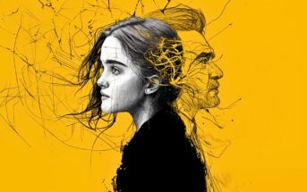 A stylized digital artwork of a woman in profile, with a sketch-like overlay of a man’s face blending into her hair, set against a bold yellow background. Lines and textures create a dynamic, abstract effect.