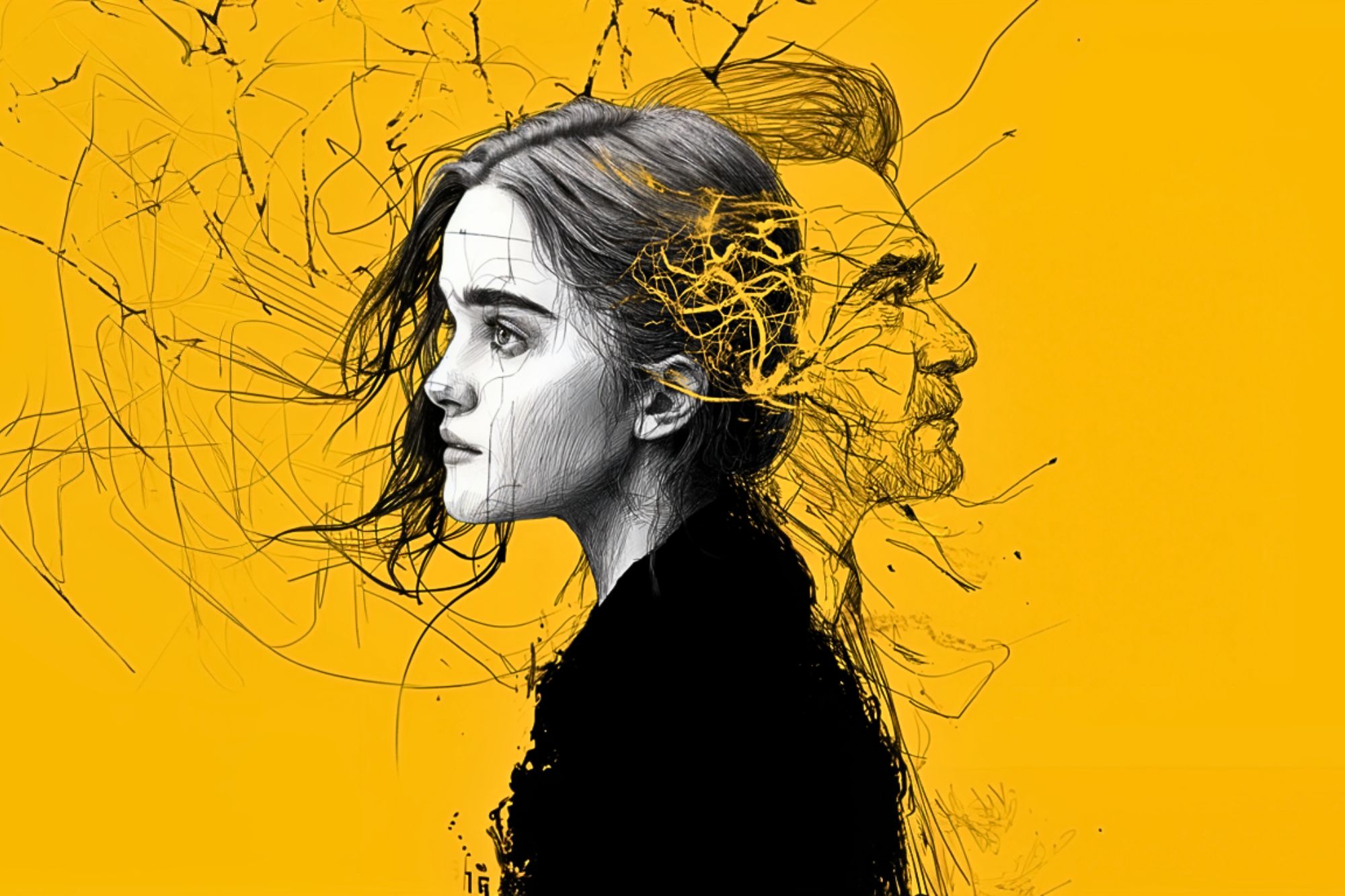 A stylized digital artwork of a woman in profile, with a sketch-like overlay of a man’s face blending into her hair, set against a bold yellow background. Lines and textures create a dynamic, abstract effect.