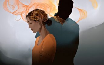 A digital illustration of a woman with closed eyes and orange swirling lines in her hair, standing in front of a shadowy figure. The background is muted with soft gray and orange tones.